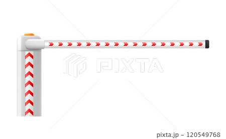 Universal boom barrier. Closed automatic barrier gate for parking of car. Barricade with flashing lamp for security. Border for entrance to park, garage, construction and checkpoint. Realistic Vector. 120549768