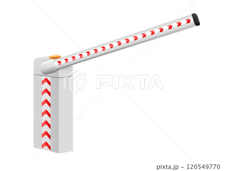 Isometric Automatic boom Barrier. Open automatic barrier gate for parking of car. Barricade with flashing lamp for security. Border for entrance to park, garage, construction and checkpoint. Vector. 120549770