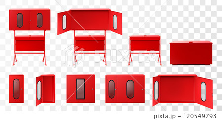 Set of open-type and closed-type fire-fighting equipment stands, Fire Extinguisher Cabinets and sandboxes. Closed and opened red fire cabinets. Realistic 3d vector illustration. Set of open-type and closed-type fire-fighting equipment stands, Fire Extinguisher Cabinets and sandboxes. Closed and opened red fire cabinets. Realistic 3d vector illustration. 120549793