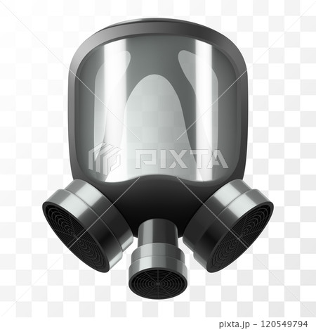 Face masks for Fire Safety and Fire Fighters. Full face gas black mask with transparent glass isolated on white background, post apocalyptic respirator. Realistic 3d vector 120549794