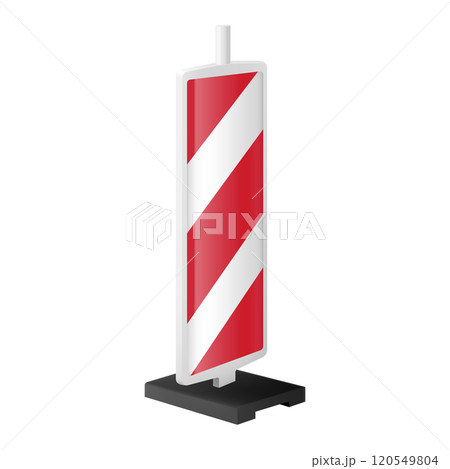 Red and white striped traffic control device for avoiding sections of the road being repaired. Isometric road pole. isolated. Safety delineator. Warning road sign. Realistic 3d vector. safety traffic 120549804