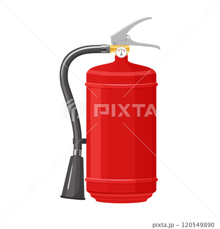 Red Dry Powder Fire Extinguisher with nozzle isolated on white background. Portable fire extinguishing equipment from fire department. Professional tool or instrument. Realistic 3D vector illustration 120549890