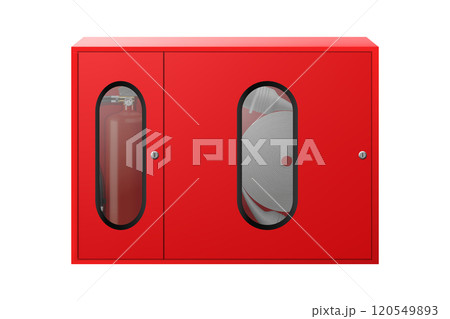 Extinguisher cabinet double door with fire extinguisher, fire hose, fire alarm. Isolated on white background. Realistic 3d vector illustration 120549893