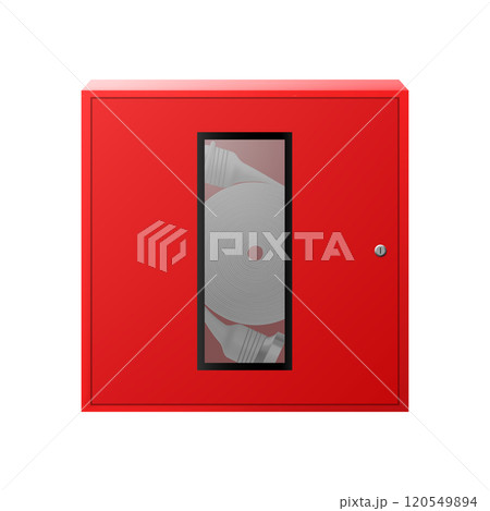 Extinguisher cabinet or fire shield, with fire extinguisher, fire hose, fire alarm. Isolated on white background. Realistic 3d vector illustration Extinguisher cabinet or fire shield, with fire extinguisher, fire hose, fire alarm. Isolated on white background. Realistic 3d vector illustration 120549894