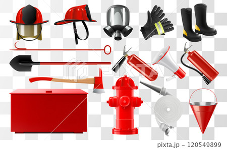Set of fire fighting equipment, including protective gloves, boots, stands, shovel, axe, hydrant, helmet, hose, fire bucket, extinguisher, gas mask isolated on white background. Realistic 3d vector 120549899