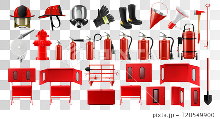 Set of fire fighting equipment, including protective gloves, boots, stands, shovel, axe, hydrant, helmet, hose, fire bucket, extinguisher, gas mask isolated on white background. Realistic 3d vector 120549900