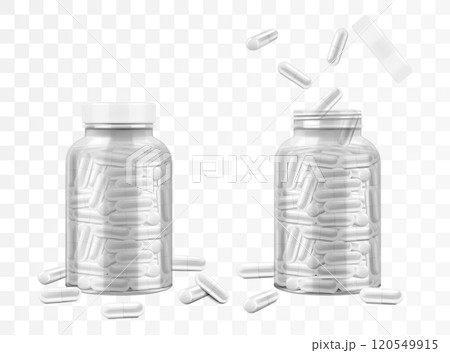 Jars with medical pills or capsules, isolated on transparent background. Medical bottles with drugs, glass or plastic container with open and closed lid. Vector 3d realistic illustration, mockup. Jars with medical pills or capsules, isolated on transparent background. Medical bottles with drugs, glass or plastic container with open and closed lid. Vector 3d realistic illustration, mockup. 120549915