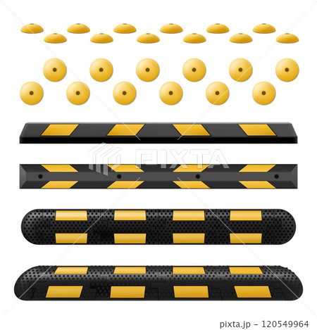 Speed bump element or obstacle on the road to reduce speed on the road. Sleeping policeman. Road safety regulations. Lying Policeman isolated on white. Traffic rules concept. Realistic 3d vector Speed bump element or obstacle on the road to reduce speed on the road. Sleeping policeman. Road safety regulations. Lying Policeman isolated on white. Traffic rules concept. Realistic 3d vector 120549964