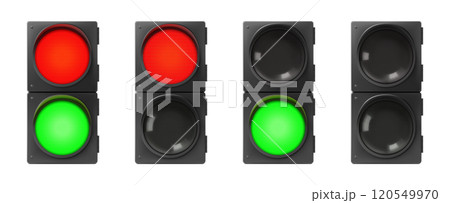 Set of pedestrian traffic Lights. Realistic electric lights with all two colors on and single color on. Street regulation system signals, road safety in the city, isolated on white background. vector Set of pedestrian traffic Lights. Realistic electric lights with all two colors on and single color on. Street regulation system signals, road safety in the city, isolated on white background. vector 120549970