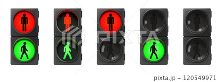 Set of pedestrian traffic lights with red and green man. Realistic 3d Vector illustration. Street regulation system signals, road safety in the city, isolated on white background Set of pedestrian traffic lights with red and green man. Realistic 3d Vector illustration. Street regulation system signals, road safety in the city, isolated on white background 120549971