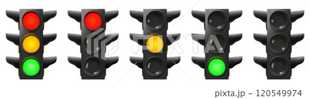 Set of Traffic Lights. Realistic electric lights with all three colors on and single color on. Street regulation system signals, road safety in the city, vector set isolated on white background 120549974