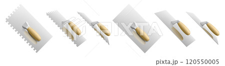 Set of bricklayer and stucco trowels isolated on white. Four-sided cement trowel, plastering trowel, notched tiling trowel isolated on white background. Construction tool. Realistic vector 3d Set of bricklayer and stucco trowels isolated on white. Four-sided cement trowel, plastering trowel, notched tiling trowel isolated on white background. Construction tool. Realistic vector 3d 120550005