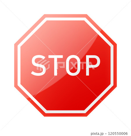 Red Stop Sign with glossy effect, isolated on white background. Traffic regulatory warning stop symbol. Realistic 3d Vector illustration 120550006