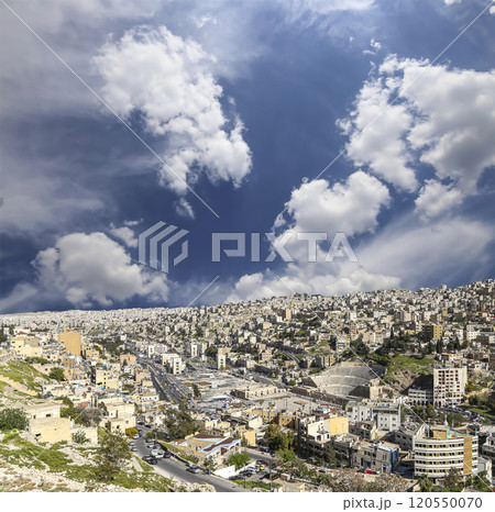 Amman city landmarks-- old roman Citadel Hill, Jordan. Against the background of a beautiful sky with clouds 120550070