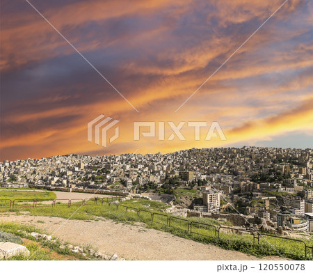 Amman city landmarks-- old roman Citadel Hill, Jordan. Against the background of a beautiful sky with clouds 120550078