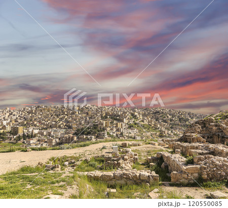 Amman city landmarks-- old roman Citadel Hill, Jordan. Against the background of a beautiful sky with clouds Amman city landmarks-- old roman Citadel Hill, Jordan. Against the background of a beautiful sky with clouds 120550085