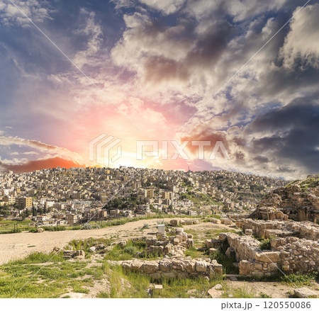 Amman city landmarks-- old roman Citadel Hill, Jordan. Against the background of a beautiful sky with clouds 120550086