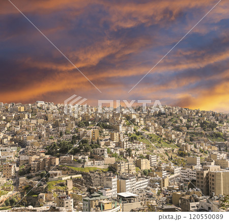 Amman city landmarks-- old roman Citadel Hill, Jordan. Against the background of a beautiful sky with clouds 120550089