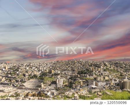 Amman city landmarks-- old roman Citadel Hill, Jordan. Against the background of a beautiful sky with clouds 120550096