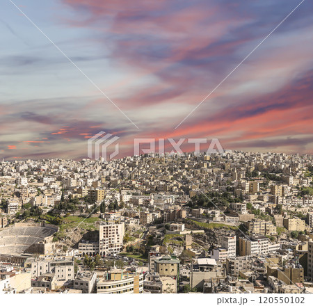 Amman city landmarks-- old roman Citadel Hill, Jordan. Against the background of a beautiful sky with clouds 120550102