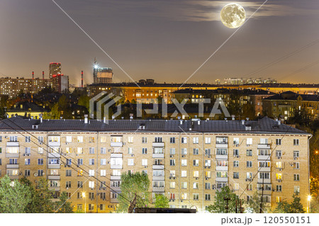 Aerial view of Moscow (night) and full moon, Cheryomushki district near Profsoyuznaya metro station, Russia Aerial view of Moscow (night) and full moon, Cheryomushki district near Profsoyuznaya metro station, Russia 120550151