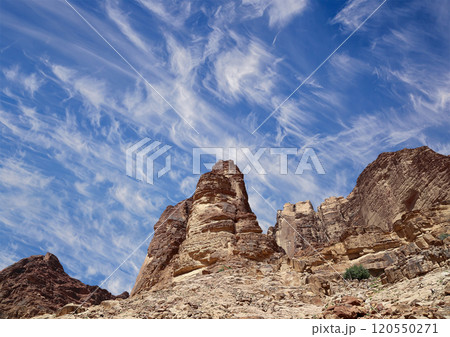 Mountains of Wadi Rum Desert also known as The Valley of the Moon is a valley cut into the sandstone and granite rock in southern Jordan 60 km to the east of Aqaba 120550271