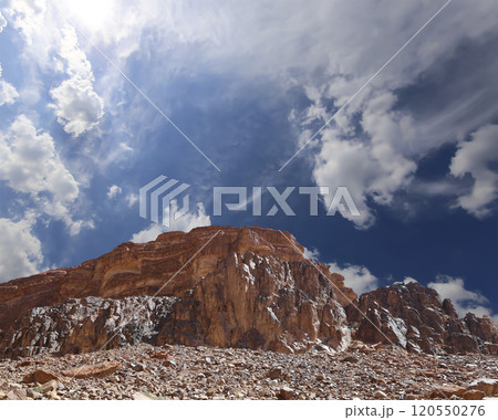 Mountains of Wadi Rum Desert also known as The Valley of the Moon is a valley cut into the sandstone and granite rock in southern Jordan 60 km to the east of Aqaba 120550276