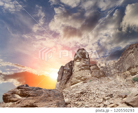 Mountains of Wadi Rum Desert also known as The Valley of the Moon is a valley cut into the sandstone and granite rock in southern Jordan 60 km to the east of Aqaba 120550293