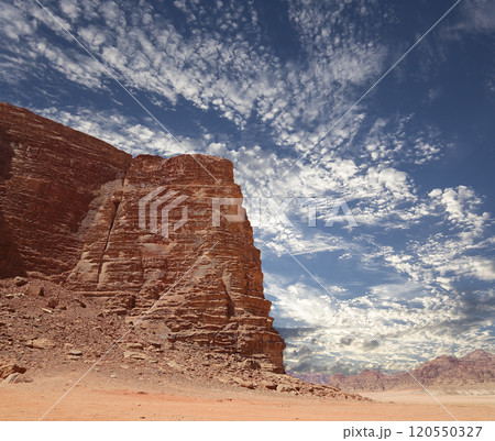 Mountains of Wadi Rum Desert also known as The Valley of the Moon is a valley cut into the sandstone and granite rock in southern Jordan 60 km to the east of Aqaba 120550327