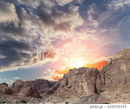 Mountains of Wadi Rum Desert also known as The Valley of the Moon is a valley cut into the sandstone and granite rock in southern Jordan 60 km to the east of Aqaba 120550335