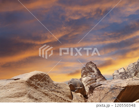 Mountains of Wadi Rum Desert also known as The Valley of the Moon is a valley cut into the sandstone and granite rock in southern Jordan 60 km to the east of Aqaba 120550348