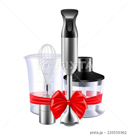 Blender with red ribbon and bow. 3D rendering. Gift concept. Realistic vector illustration isolated on white background 120550362
