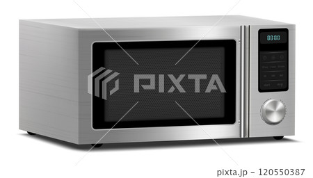 Realistic Microwave Isolated on White Background. Side View of Stainless Steel Over the Range Microwave Oven. Household Kitchen and Domestic Appliances. Vector 3d rendering 120550387