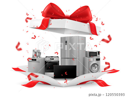 Gift concept, home appliances inside gift box. Refrigerator, microwave, food processor, TV, washing machine, gas stove, isolated on white background. 3D rendering. Realistic vector illustration Gift concept, home appliances inside gift box. Refrigerator, microwave, food processor, TV, washing machine, gas stove, isolated on white background. 3D rendering. Realistic vector illustration 120550393