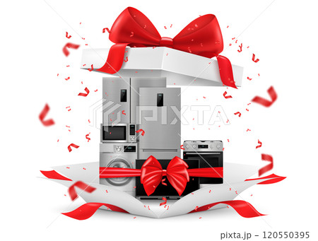 Gift concept, home appliances inside gift box. Refrigerator, microwave, TV, washing machine, gas stove, isolated on white background. 3D rendering. Realistic vector illustration 120550395