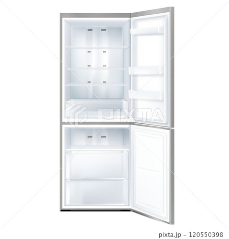 Empty open refrigerator isolated on white background. Front View of gray freezer with open doors. Realistic 3d vector 120550398