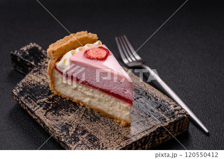 Sweet cheesecake with mascarpone or Philadelphia cheese, jelly and strawberries Sweet cheesecake with mascarpone or Philadelphia cheese, jelly and strawberries 120550412