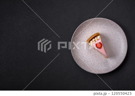 Sweet cheesecake with mascarpone or Philadelphia cheese, jelly and strawberries 120550423