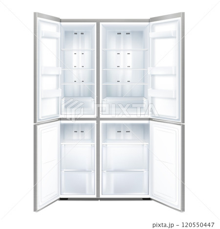 Front View of gray Double Door Refrigerator with open doors. Realistic 3d vector illustration isolated on white background. Front View of gray Double Door Refrigerator with open doors. Realistic 3d vector illustration isolated on white background. 120550447