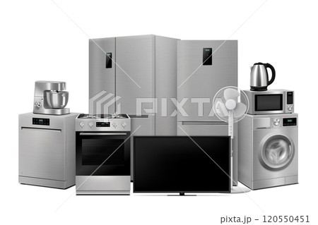 A set of household appliances: microwave oven, washing machine, refrigerator, double door fridge, stove, fan,TV, dishwasher, food processor, kettle. Realistic 3D vector, isolated A set of household appliances: microwave oven, washing machine, refrigerator, double door fridge, stove, fan,TV, dishwasher, food processor, kettle. Realistic 3D vector, isolated 120550451