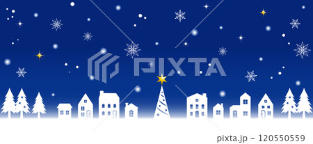 雪降る街とクリスマスツリーの風景　ベクターイラスト　夜空 120550559