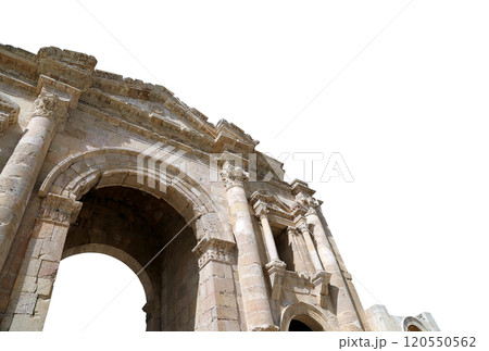 Arch of Hadrian in Gerasa (Jerash)-- was built to honor the visit of emperor Hadrian to Jerash in 129/130 AD, Jordan. Carved on white background Arch of Hadrian in Gerasa (Jerash)-- was built to honor the visit of emperor Hadrian to Jerash in 129/130 AD, Jordan. Carved on white background 120550562