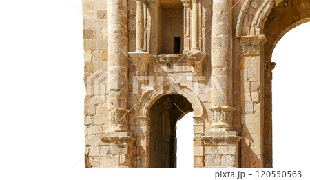 Arch of Hadrian in Gerasa (Jerash)-- was built to honor the visit of emperor Hadrian to Jerash in 129/130 AD, Jordan. Carved on white background Arch of Hadrian in Gerasa (Jerash)-- was built to honor the visit of emperor Hadrian to Jerash in 129/130 AD, Jordan. Carved on white background 120550563