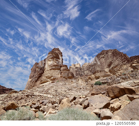 Mountains of Wadi Rum Desert also known as The Valley of the Moon is a valley cut into the sandstone and granite rock in southern Jordan 60 km to the east of Aqaba 120550590