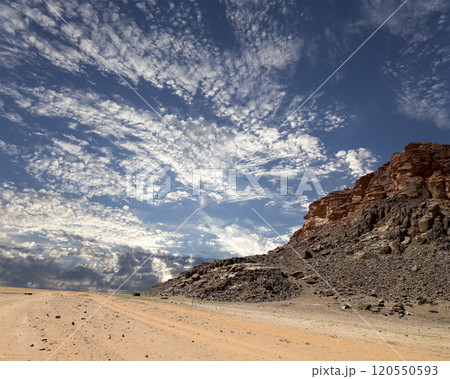 Mountains of Wadi Rum Desert also known as The Valley of the Moon is a valley cut into the sandstone and granite rock in southern Jordan 60 km to the east of Aqaba 120550593