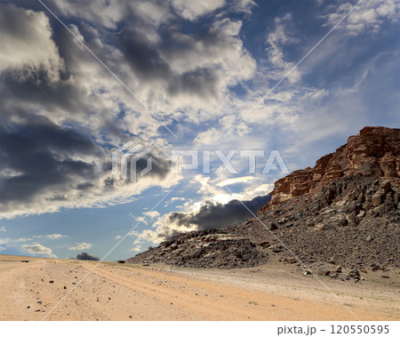 Mountains of Wadi Rum Desert also known as The Valley of the Moon is a valley cut into the sandstone and granite rock in southern Jordan 60 km to the east of Aqaba 120550595