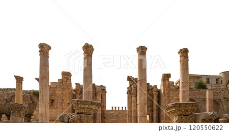 Roman ruins (carved on white background) in the Jordanian city of Jerash (Gerasa of Antiquity), capital and largest city of Jerash Governorate, Jordan Roman ruins (carved on white background) in the Jordanian city of Jerash (Gerasa of Antiquity), capital and largest city of Jerash Governorate, Jordan 120550622