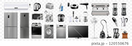 A set of household appliances: microwave oven, washing machine, refrigerator, vacuum cleaner, multicooker, food processor, blender, iron, juicer blender, toaster. Realistic 3D vector, isolated 120550676