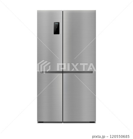 Vector 3d realistic mock up with gray two-chambered refrigerator isolated on white background. Modern smart appliance in kitchen. 120550685