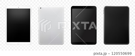 Tablet mockup set, Isolated On White. Black tablet and white colour tablet. Front and back view. Realistic 3d Vector illustration. Can use for object application demo. Can use for web. Tablet mockup set, Isolated On White. Black tablet and white colour tablet. Front and back view. Realistic 3d Vector illustration. Can use for object application demo. Can use for web. 120550699